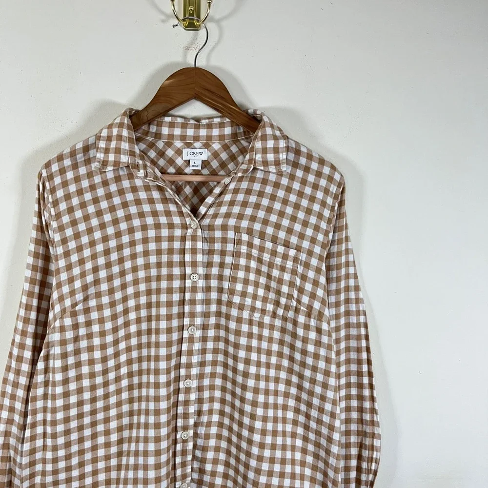 J. Crew Gingham Button Down Flannel Shirt Tan White Cottagecore Academia Large